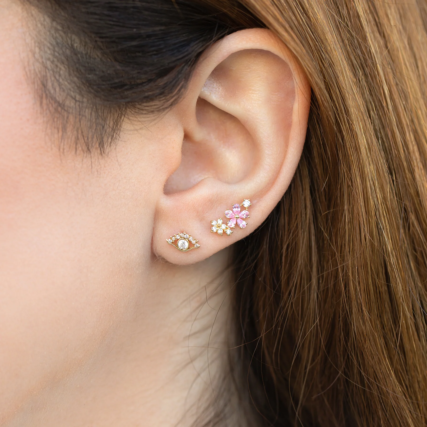 10k Solid Gold Pink Petals Ball Back Crawler Stud - Image 3